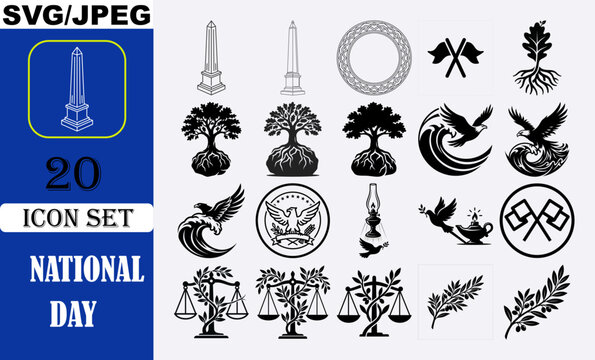 National Day Icon Set with Monument Obelisk Law Scales Tree Roots Flying Bird Sea Wave Crossed Flags and Laurel Branch Vector Graphics

