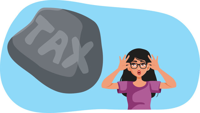 Person Navigating Financial Stress And Overwhelming Taxes Vector Illustration. Anxious woman with glasses feeling stressed by heavy taxation burdens and financial obligations 
