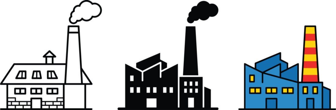 Industrial factory building icon set with smoking chimney stacks in outline silhouette and flat color vector