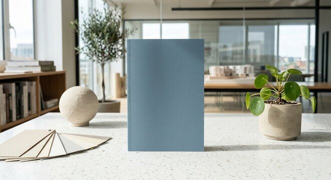 Blank blue book standing upright on white marble desk in modern office