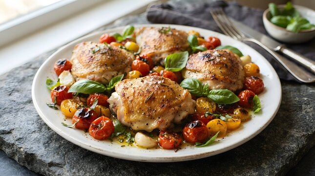Crispy baked chicken thighs with roasted cherry tomatoes, garlic, and fresh basil on a rustic slate plate