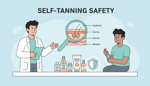Dermatologist explaining self-tanning safety and skin layers next to sunless tan lotions and a patient with a smartphone.