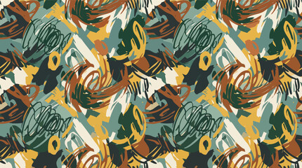 Seamless abstract batik-style pattern featuring expressive earthy brushstrokes, scribbles, and artistic textures for modern textile and fabric design