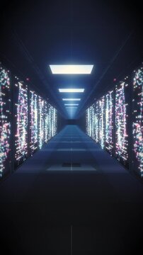 Sweeping cinematic flythrough of a glowing server corridor, endless racks pulsing with colored data lights, evoking cloud storage power for tech and business marketing videos