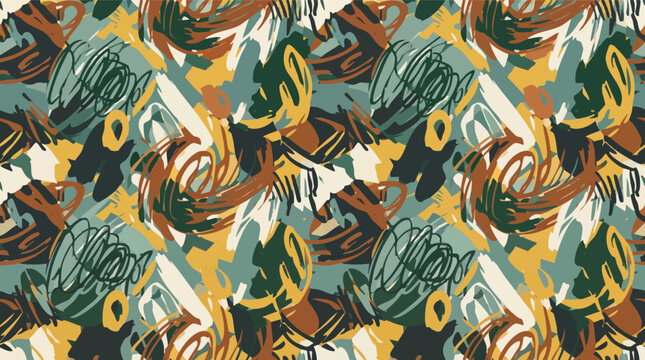 Seamless abstract batik-style pattern featuring expressive earthy brushstrokes, scribbles, and artistic textures for modern textile and fabric design