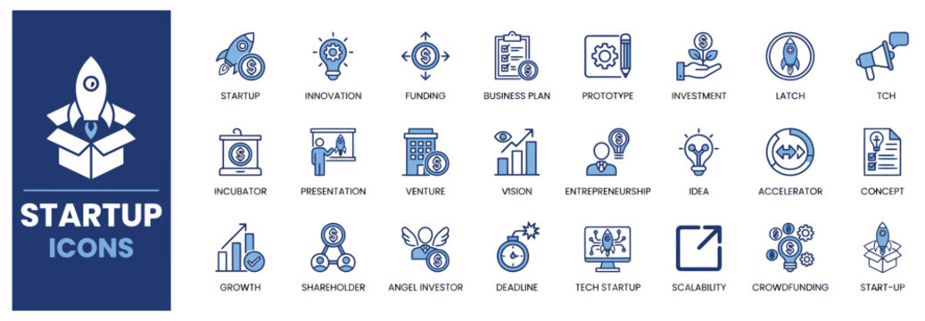 Blue startup thin line business icon set with rocket ideas venture capital funding concept.