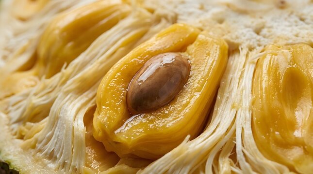 Fresh ripe jackfruit close up showing sweet yellow pods and seeds inside.