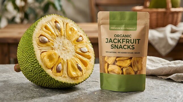 Fresh halved jackfruit and a pouch of organic jackfruit snacks on a rustic surface.
