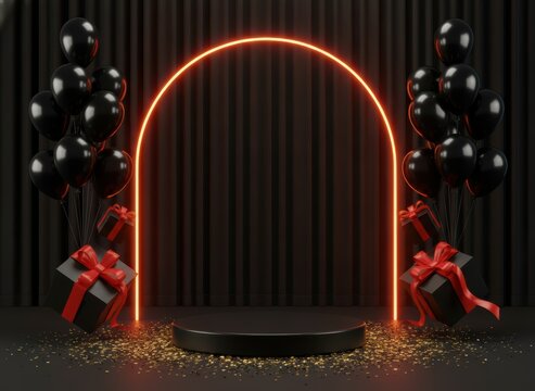Gold arch frame with black balloons and gift boxes for a luxury birthday celebration or party event display