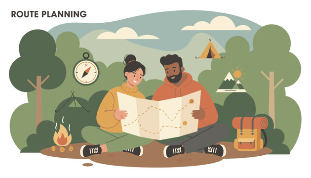 Route planning concept featuring a happy couple analyzing a map while camping in a forest with campfire and outdoor gear.