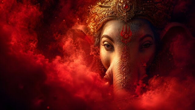 Cinematic close-up portrait of Lord Ganesha emerging from dense red crimson mist