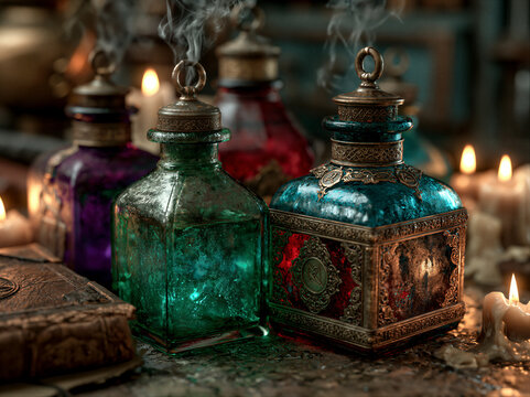Antique glass bottles with glowing green, purple, and crimson liquids release mystical smoke beside a spellbook and candles. Moody alchemy lab background with cinematic lighting, perfect for...