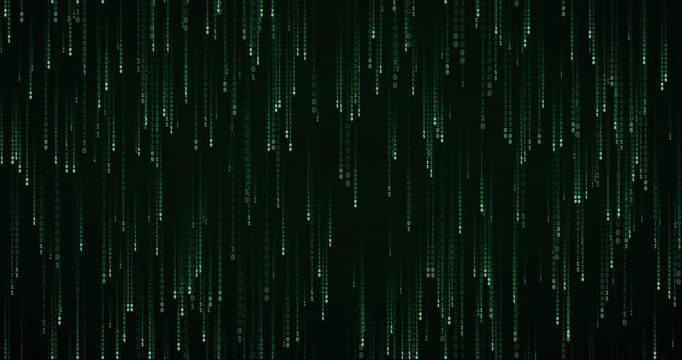 Binary code streams down in a slow, neon green matrix rain animation with deep tunnel parallax effect.