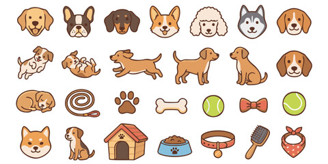 Fototapeta premium Cute cartoon dog breeds vector icons set featuring various puppies, dog house, bones, toys, and pet care accessories in flat design