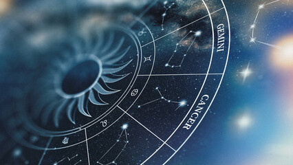 Exploration of astrology zodiac signs with a focus on Gemini and Cancer in a nighttime sky setting © fotofabrika
