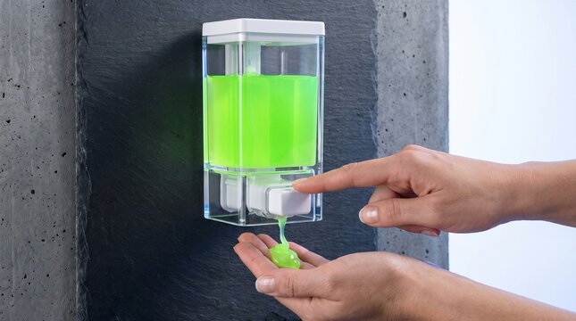 Pressing Wall Soap Dispenser for Green Gel Liquid, Bathroom Hygiene and Hand Washing Concept