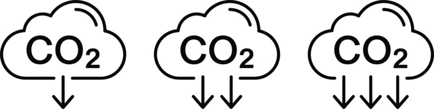 Carbon dioxide emissions reduction cloud icon set representing environmental footprint offset and greenhouse gas neutralization vector