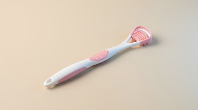 Pink Tongue Scraper Brush on Beige Background, Oral Hygiene and Dental Care Accessory Concept