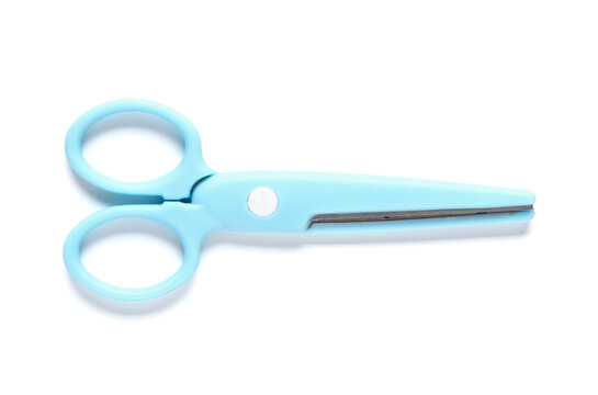 Creativity and education, light blue safety scissors for children isolated on white background for school supplies and arts and crafts projects