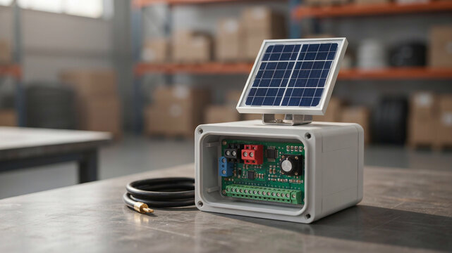 A white, weather-resistant electronic enclosure with an open front displaying circuit boards and connectors, topped with a solar panel, placed on a dark, textured surface in a warehouse environment
