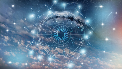 Naklejka premium Astrology zodiac signs and constellations shining in the night sky with clear clouds