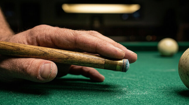 Hand holding pool cue on green billiard table
