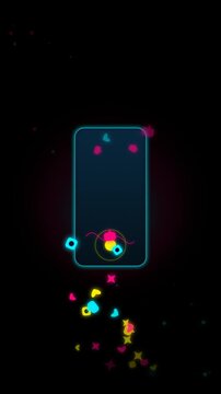 Smartphone screen with glowing neon geometric shapes and abstract digital particles