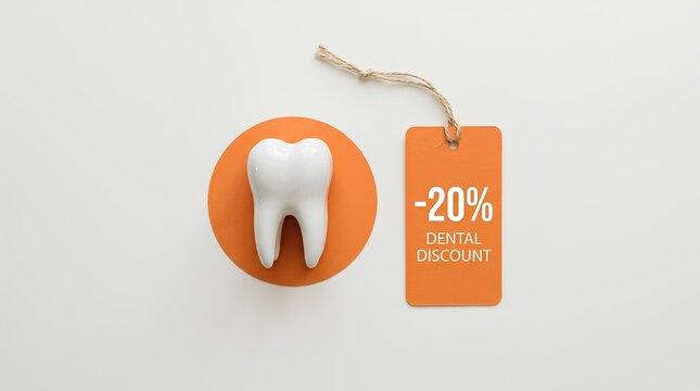 Dental Discount Tag with Tooth Model on White Background, Affordable Dentistry Promotion Concept