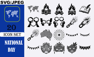 Naklejka premium National Day Icon Set with Broken Chain Freedom Handcuffs Bonfire Carnival Mask Australia Map and Fireworks Vector Illustration Graphics 