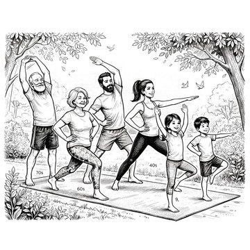 Multigenerational family doing morning exercise together for fitness websites and wellness blogs