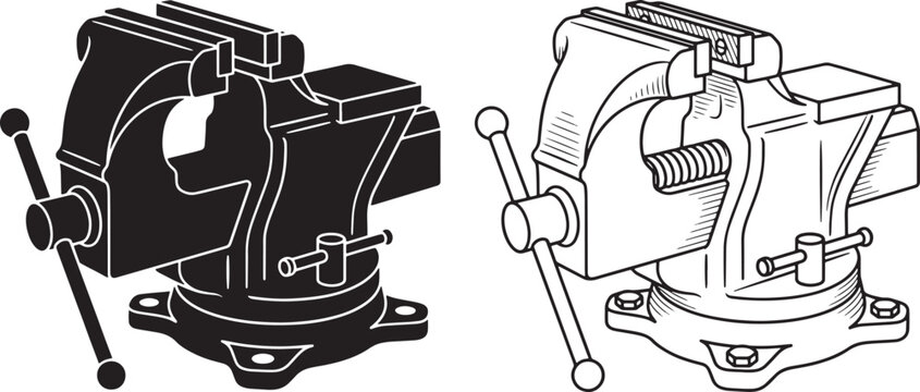 Heavy duty bench vise tool vector illustration featuring solid steel construction and handle