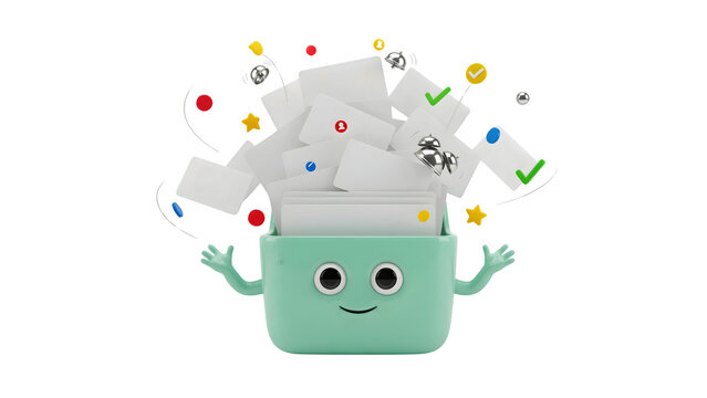 3D cartoon character filing box overflowing with cards and notifications representing data overload and organization