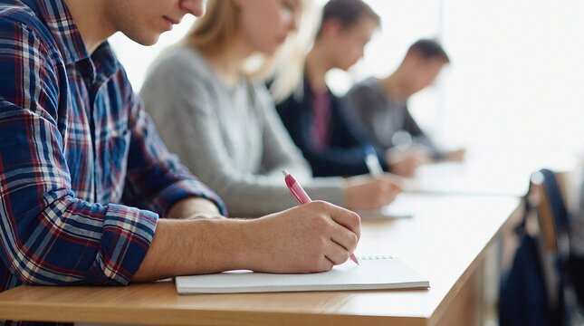 Students taking notes in a classroom during a university lecture or exam.