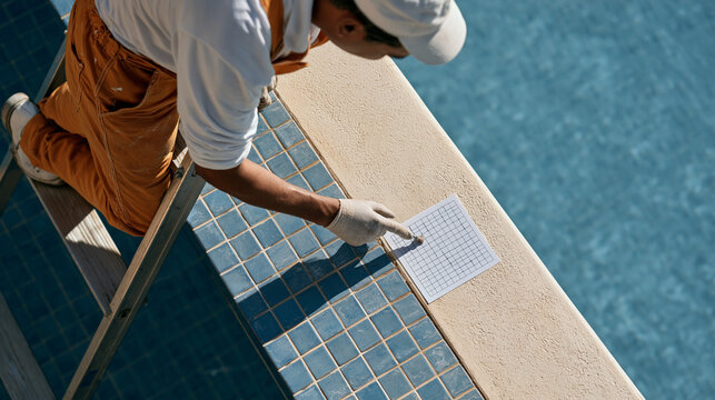 pool cleaner correcting an uneven tile grout line calmly, a ladder leaning against a sun bleached wall in harsh midday light, pixel grid reference sheet stuck to the filter