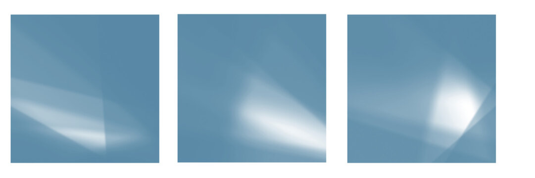 Tres cuadros con textura de fondo azul cielo y destellos de luz difuminados en formas geom&eacute;tricas