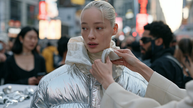 A model welcomes a newcomer to an iridescent liquid runway shoot against a busy urban backdrop, close up of careful hands adjusting a reflective fabric collar, the symbolic still