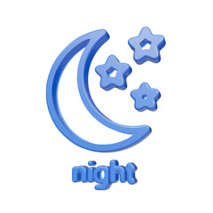 Blue 3D crescent moon and stars icon with night text on black © FOYJUL