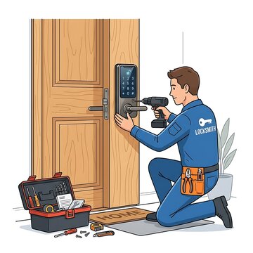Locksmith installing smart digital keypad lock on front wooden house door