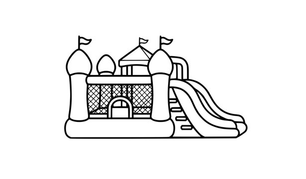 Inflatable bouncy castle with slide outline vector icon for children playground and party