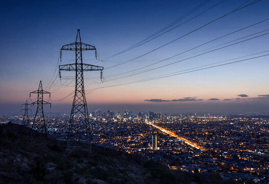 Aerial view of a sprawling cityscape at dusk with power lines and transmission towers in the foreground