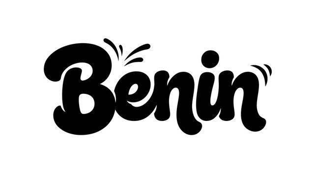 Minimalist black bold script lettering of the word Benin isolated on white background