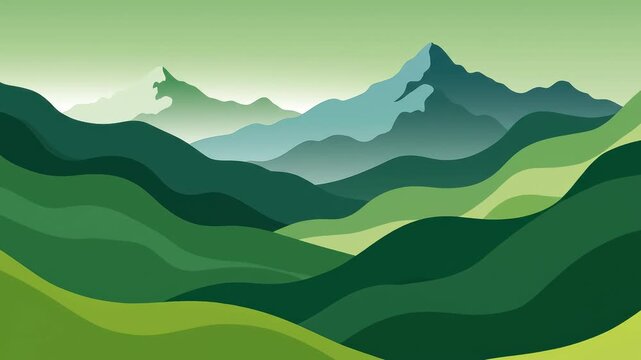 Rolling green hills and distant mountains under a soft gradient sky with subtle atmospheric haze