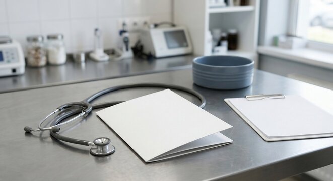 Medical examination room with stethoscope and notepad on metal table