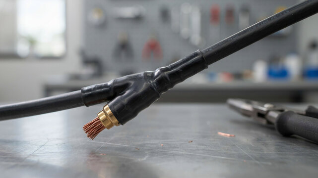 Close-up of a black electrical cable y-split connector with exposed copper wire strands at the end, insulated with black tape, on a metallic workbench with a blurred workshop background.keywords