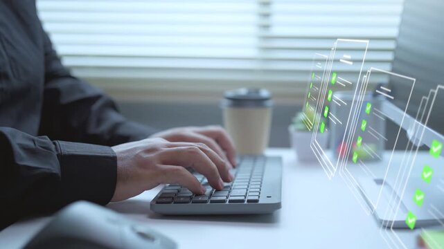 Data verification process concept with hands typing on keyboard showing digital checklist interface for corporate quality assurance and compliance management