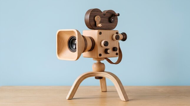 Vintage Wooden Movie Camera Toy on Tripod Stand, Retro Cinema and Multimedia Production Concept