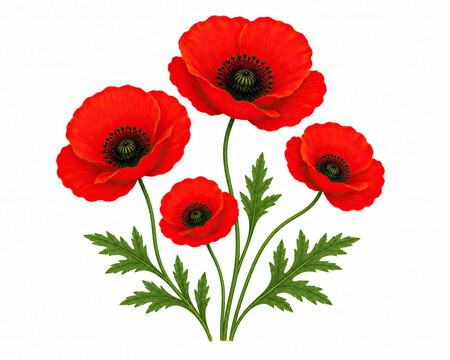 Beautiful red poppy flowers with green leaves isolated on white background