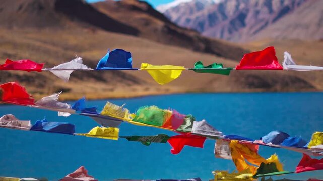 Slow motion shot of colorful Buddhist Tibetan prayer flags waving in the wind in front of blue colored Chandratal lake during the autumn season as seen on the way to Spiti Valley in Himachal, India.