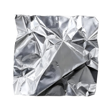 A crumpled square piece of shiny silver aluminum foil showing texture and reflections on isolated background