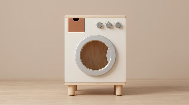 Miniature Wooden Washing Machine Toy, Handcrafted Children Laundry Pretend Play Appliance Model